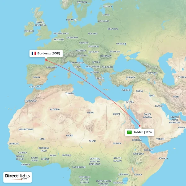 Jeddah - Bordeaux direct flight map