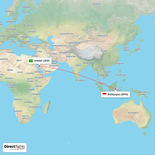 Jeddah - Balikpapan direct flight map