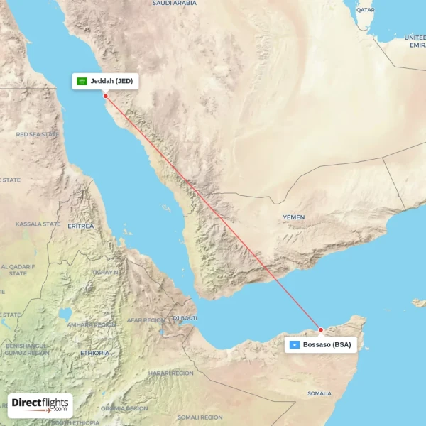 Jeddah - Bossaso direct flight map
