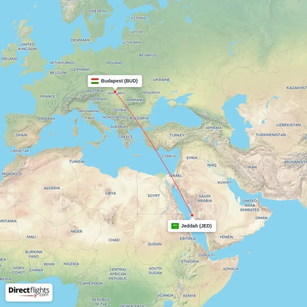 Jeddah - Budapest direct flight map