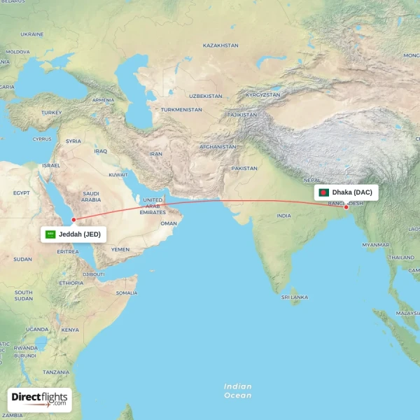 Jeddah - Dhaka direct flight map