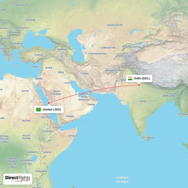 Jeddah - Delhi direct flight map