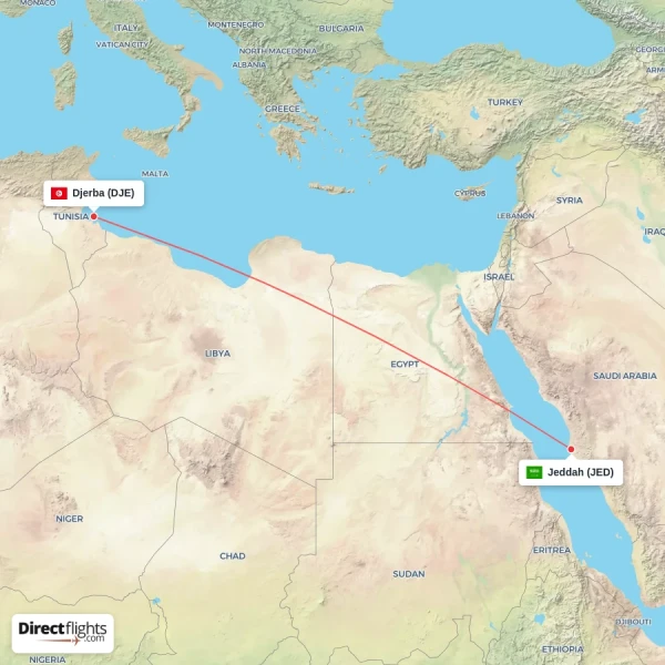 Jeddah - Djerba direct flight map