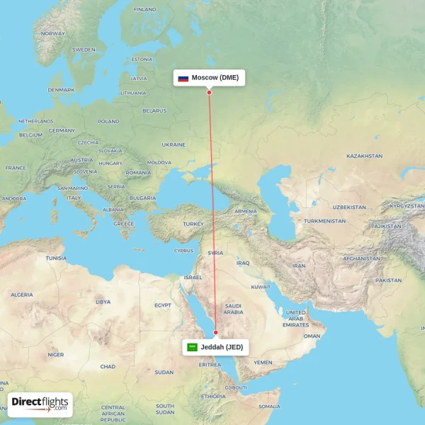 Jeddah - Moscow direct flight map