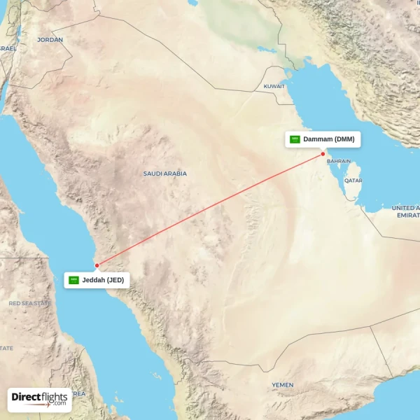 Jeddah - Dammam direct flight map