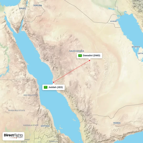 Jeddah - Dawadmi direct flight map