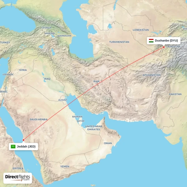 Jeddah - Dushanbe direct flight map