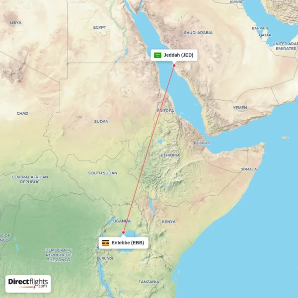 Jeddah - Entebbe direct flight map