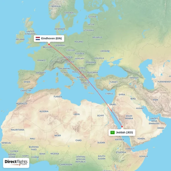 Jeddah - Eindhoven direct flight map