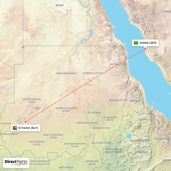 Jeddah - El Fasher direct flight map