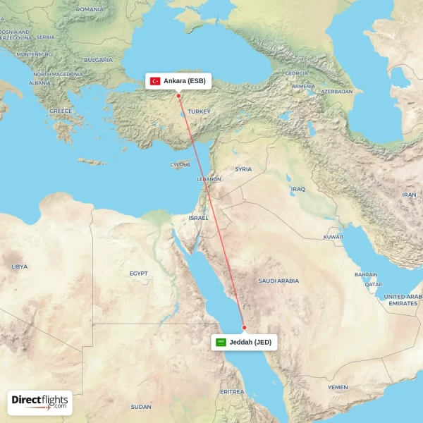 Jeddah - Ankara direct flight map