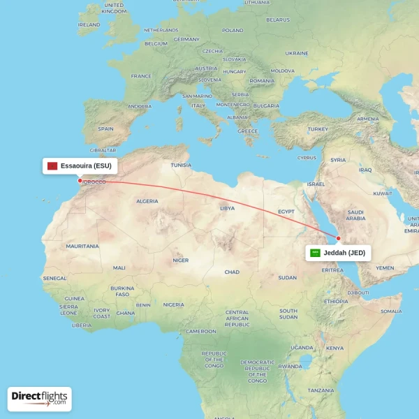 Jeddah - Essaouira direct flight map
