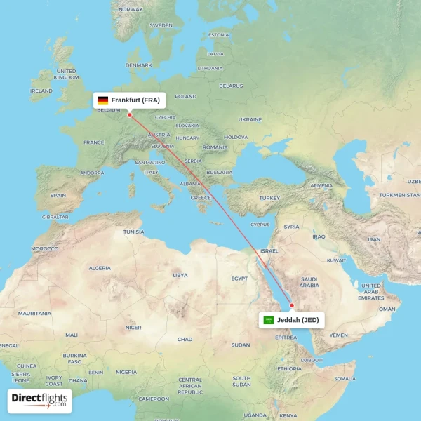 Jeddah - Frankfurt direct flight map