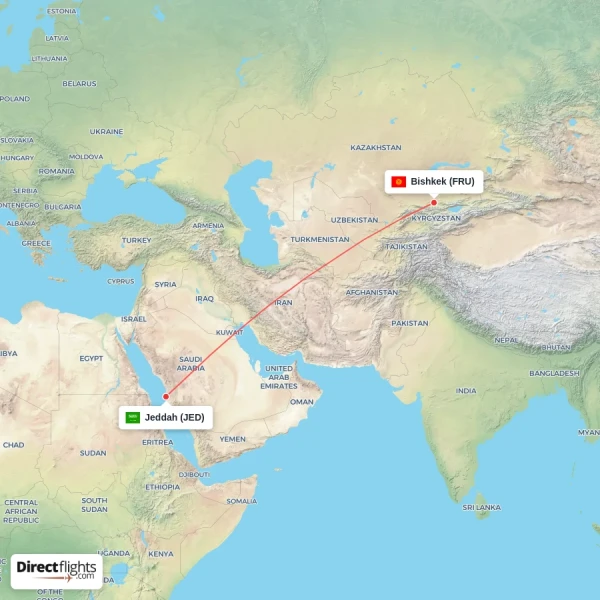 Jeddah - Bishkek direct flight map