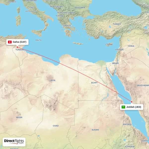 Jeddah - Gafsa direct flight map