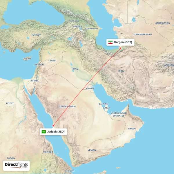 Jeddah - Gorgon direct flight map