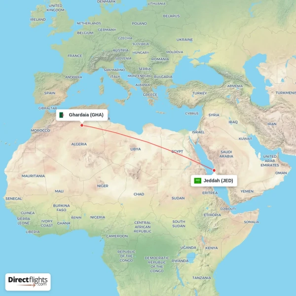 Jeddah - Ghardaia direct flight map