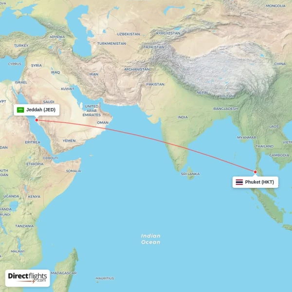Jeddah - Phuket direct flight map