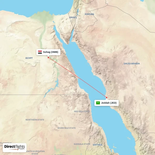Jeddah - Sohag direct flight map