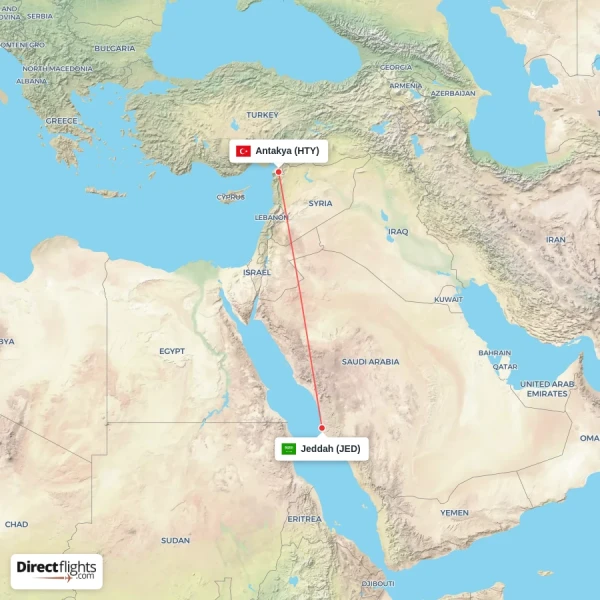 Jeddah - Antakya direct flight map