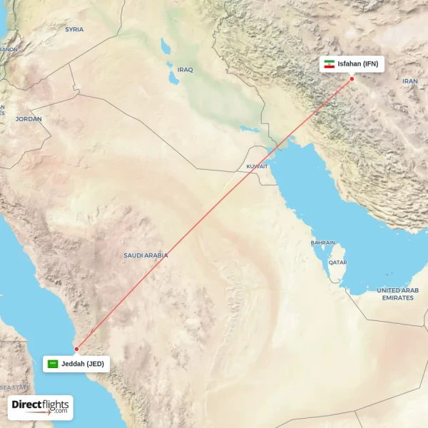 Jeddah - Isfahan direct flight map