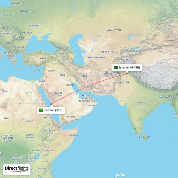 Jeddah - Islamabad direct flight map
