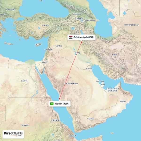 Jeddah - Sulaimaniyah direct flight map