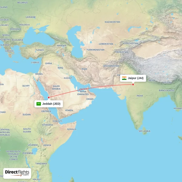 Jeddah - Jaipur direct flight map