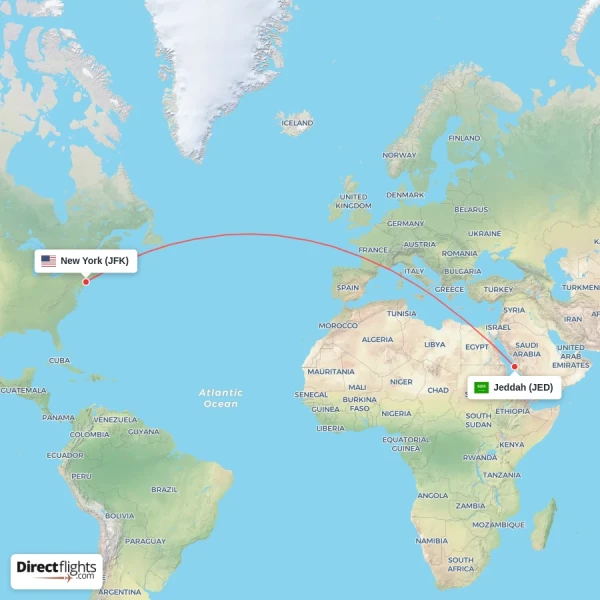 Jeddah - New York direct flight map