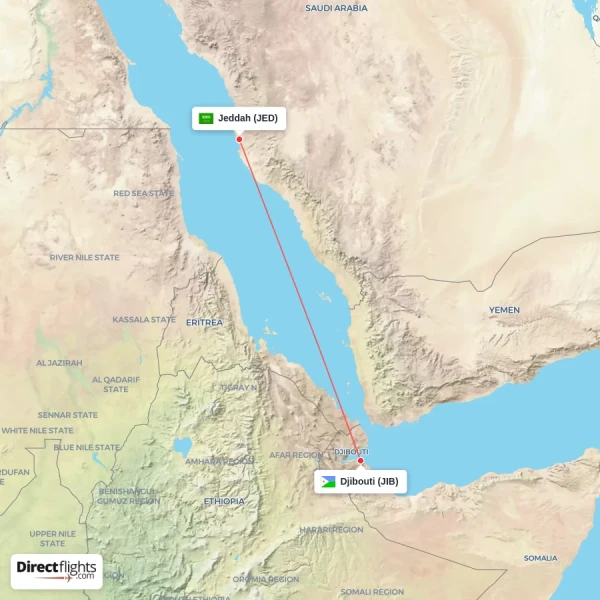 Jeddah - Djibouti direct flight map