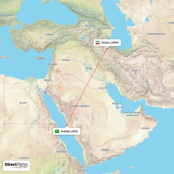 Jeddah - Zanjan direct flight map
