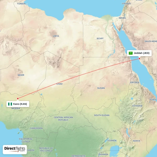 Jeddah - Kano direct flight map