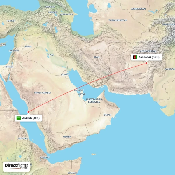Jeddah - Kandahar direct flight map