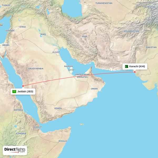 Jeddah - Karachi direct flight map