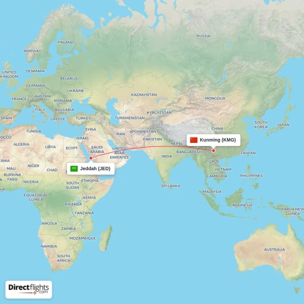 Jeddah - Kunming direct flight map