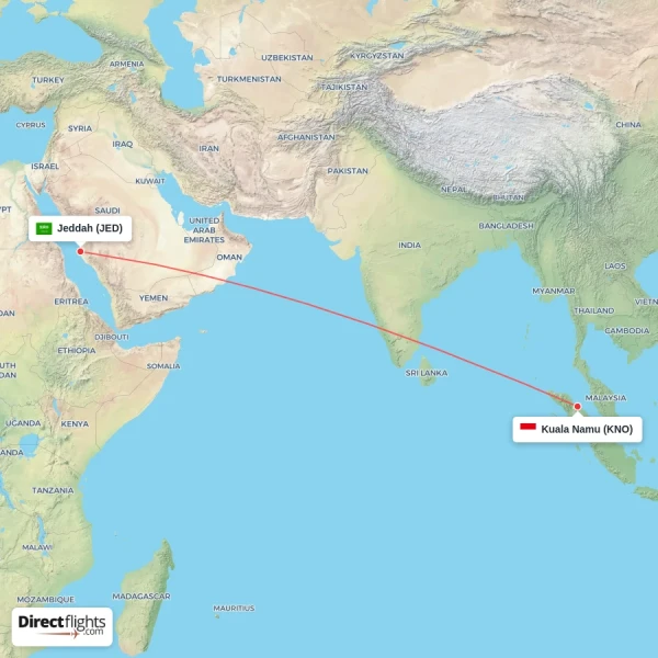 Jeddah - Kuala Namu direct flight map