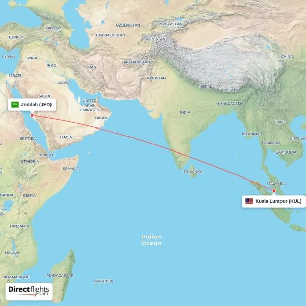Jeddah - Kuala Lumpur direct flight map
