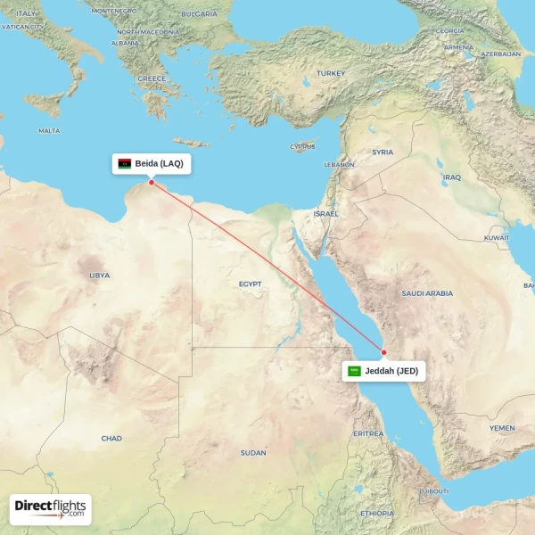 Jeddah - Beida direct flight map
