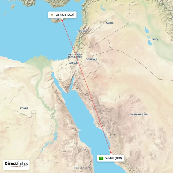 Jeddah - Larnaca direct flight map