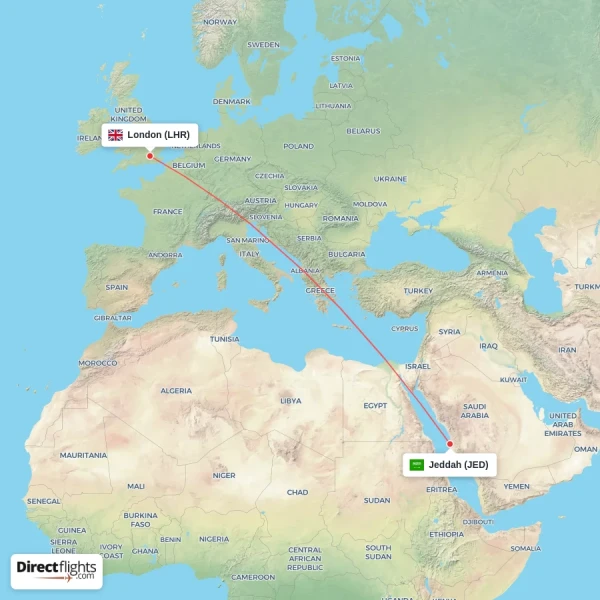 Jeddah - London direct flight map