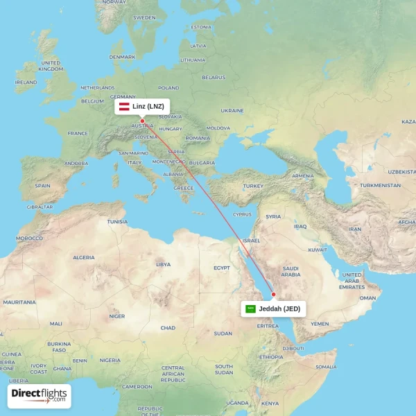 Jeddah - Linz direct flight map