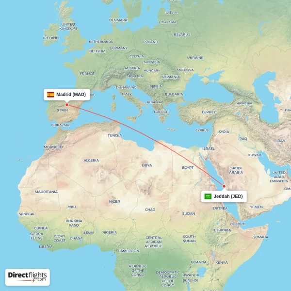 Jeddah - Madrid direct flight map