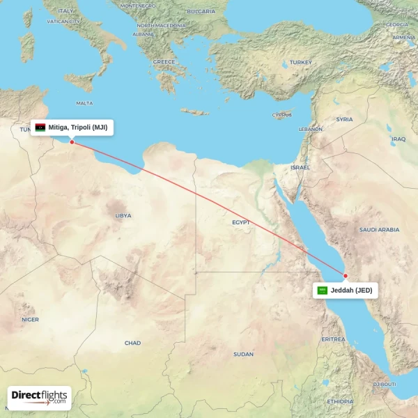 Jeddah - Mitiga, Tripoli direct flight map