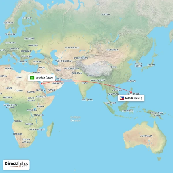 Jeddah - Manila direct flight map