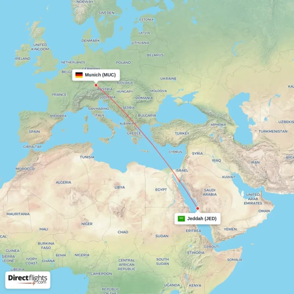 Jeddah - Munich direct flight map