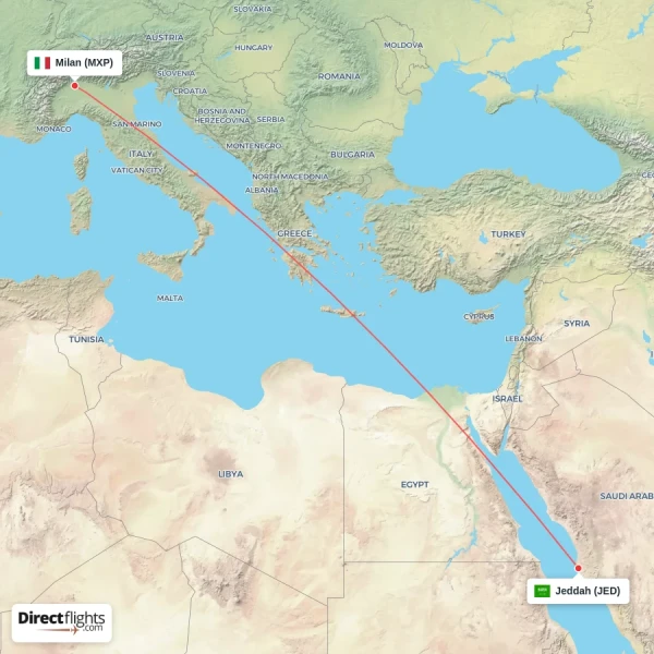 Jeddah - Milan direct flight map