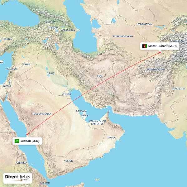 Jeddah - Mazar-I-Sharif direct flight map