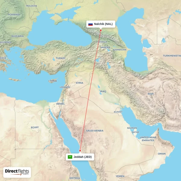 Jeddah - Nalchik direct flight map