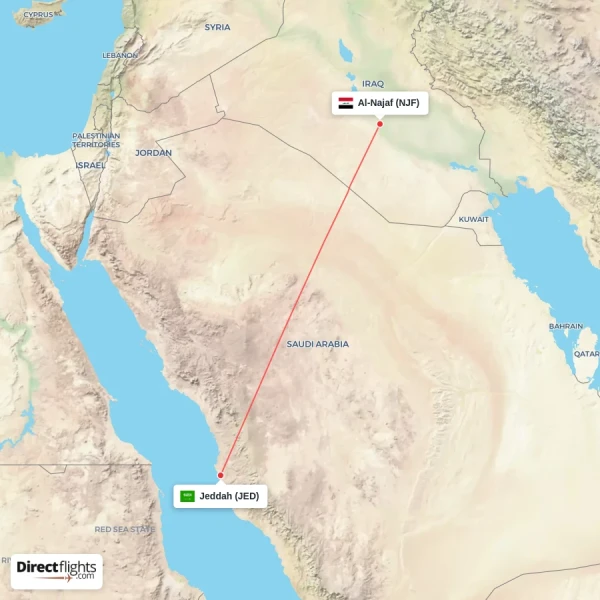 Jeddah - Al-Najaf direct flight map