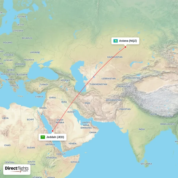 Jeddah - Astana direct flight map